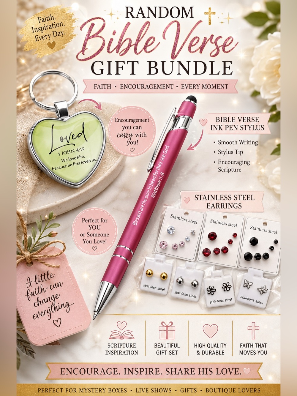 🌟👜✨Random Bible Verse Ink Pen Stylus, Heart Keychain, Stainless Steel Earrings